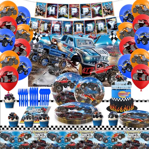 Heidaman 104Pcs Monster Truck Decorations，Monster Truck Birthday Party Supplies，Monster Truck Party decorations，Include Balloons,Backdrop,Banner, Cake Toppers，Tableware, Tablecloth