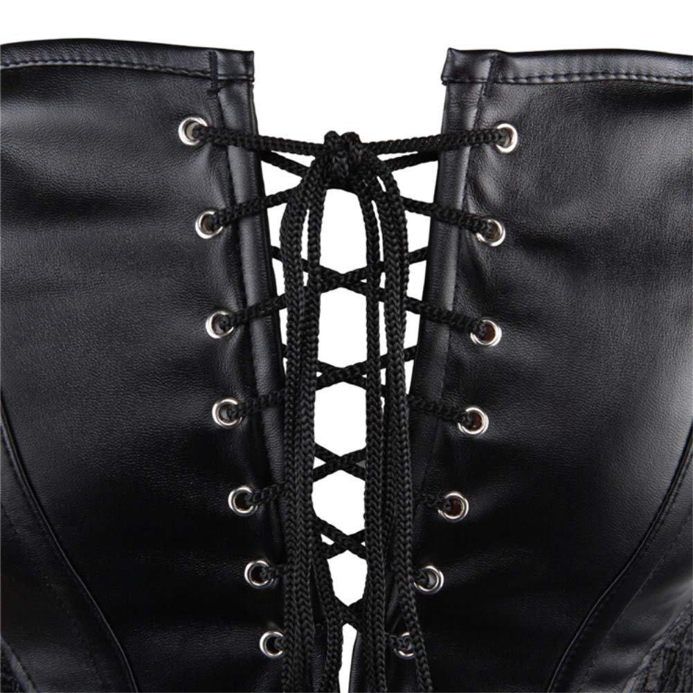 DISSA Corset Robe Simili Cuir Baleines Plastiques | Simili cuir, bretelles en dentelle, laçage avant, fermeture éclair arrière, jupe en dentelle intégrée, baleines plastiques