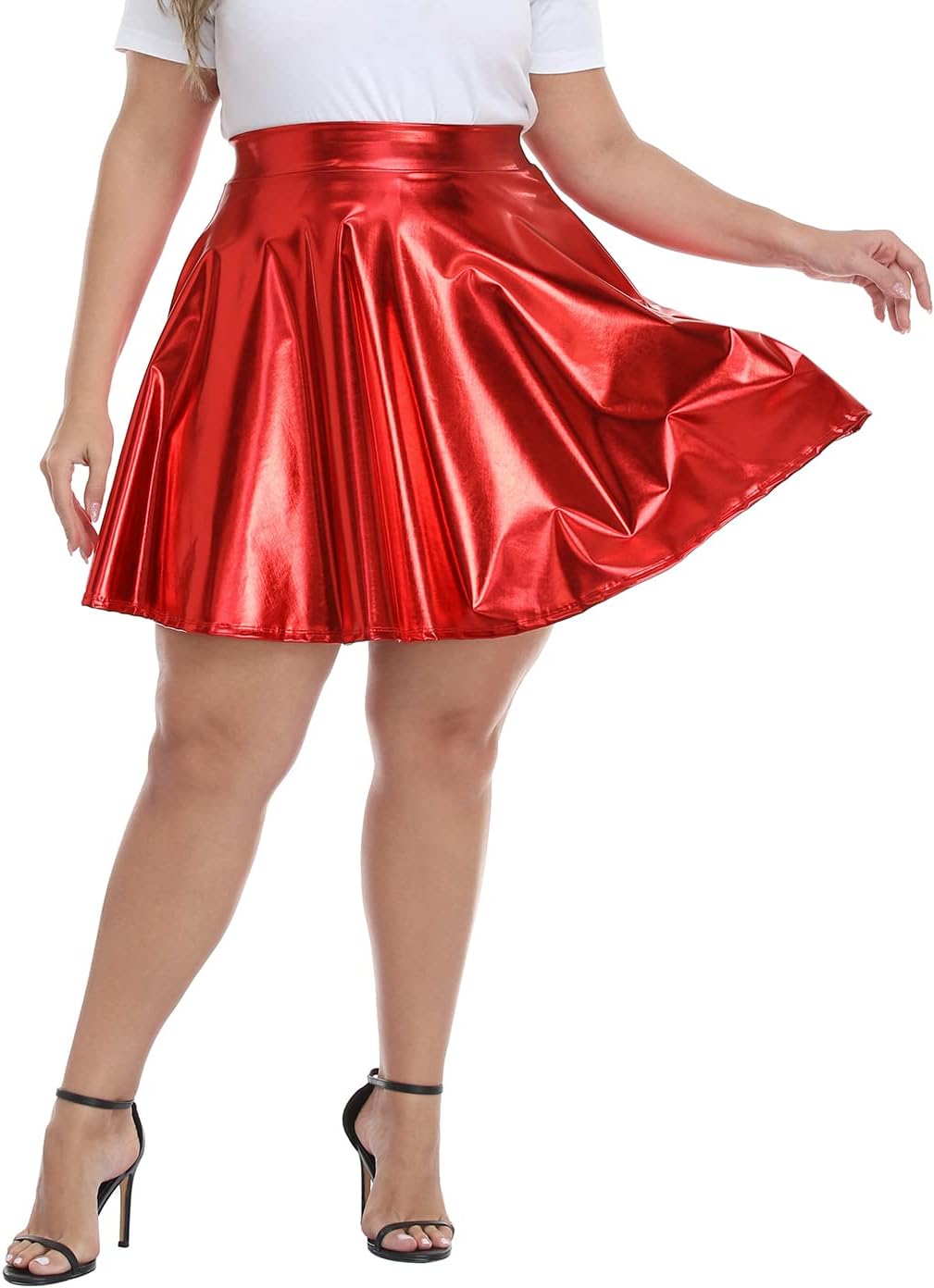 HDE Plus Size Shiny Metallic Skater Skirt High Waisted Holographic Pleated Skirt - Image 6