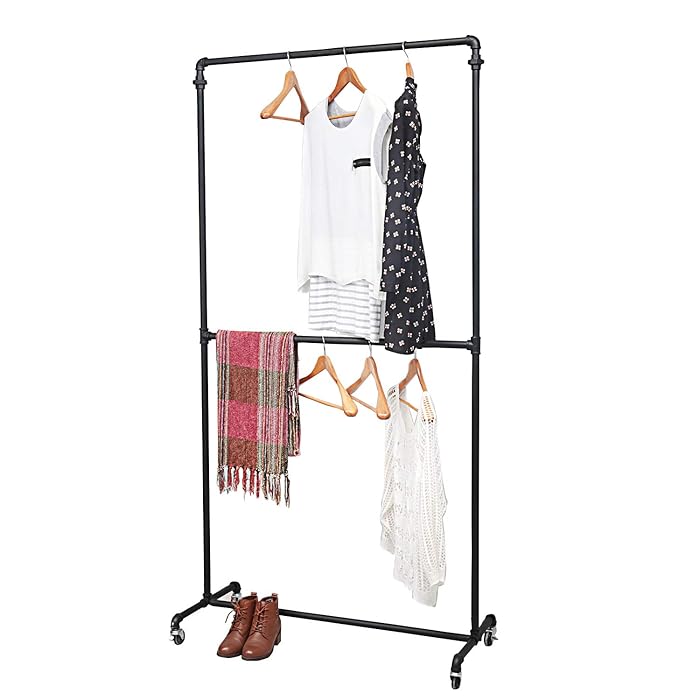 Buy Industrial Pipe Clothing Racks on Wheels Double Hanging Rod Metal