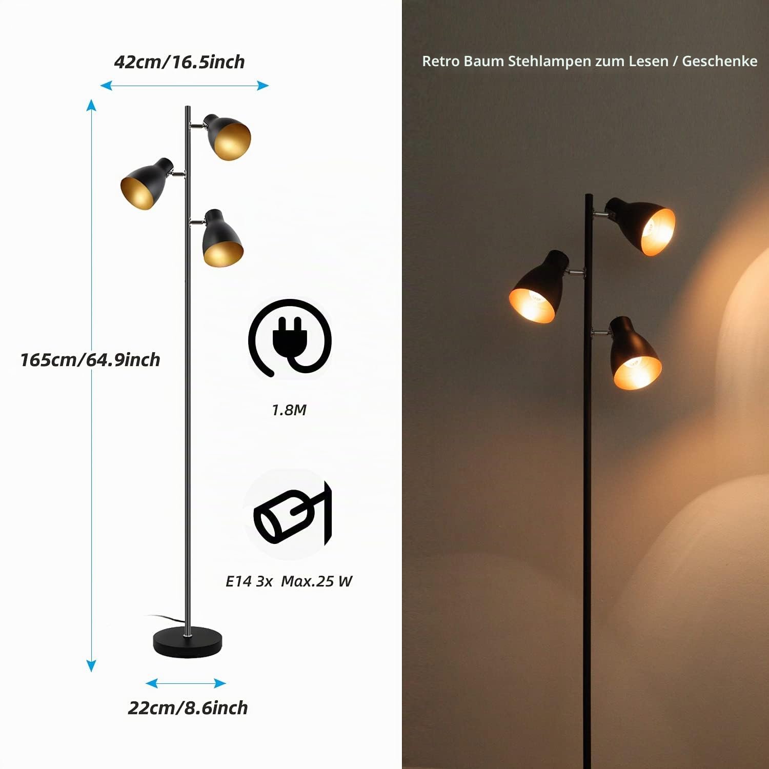 Lese-Stehlampe Baum-Stehlampe, Schwarz-Gold, 3 verstellbare Lichter | Retro-Metall, E14, 168 CM, Unabhängige Steuerung, Für Wohn- und Schlafzimmer