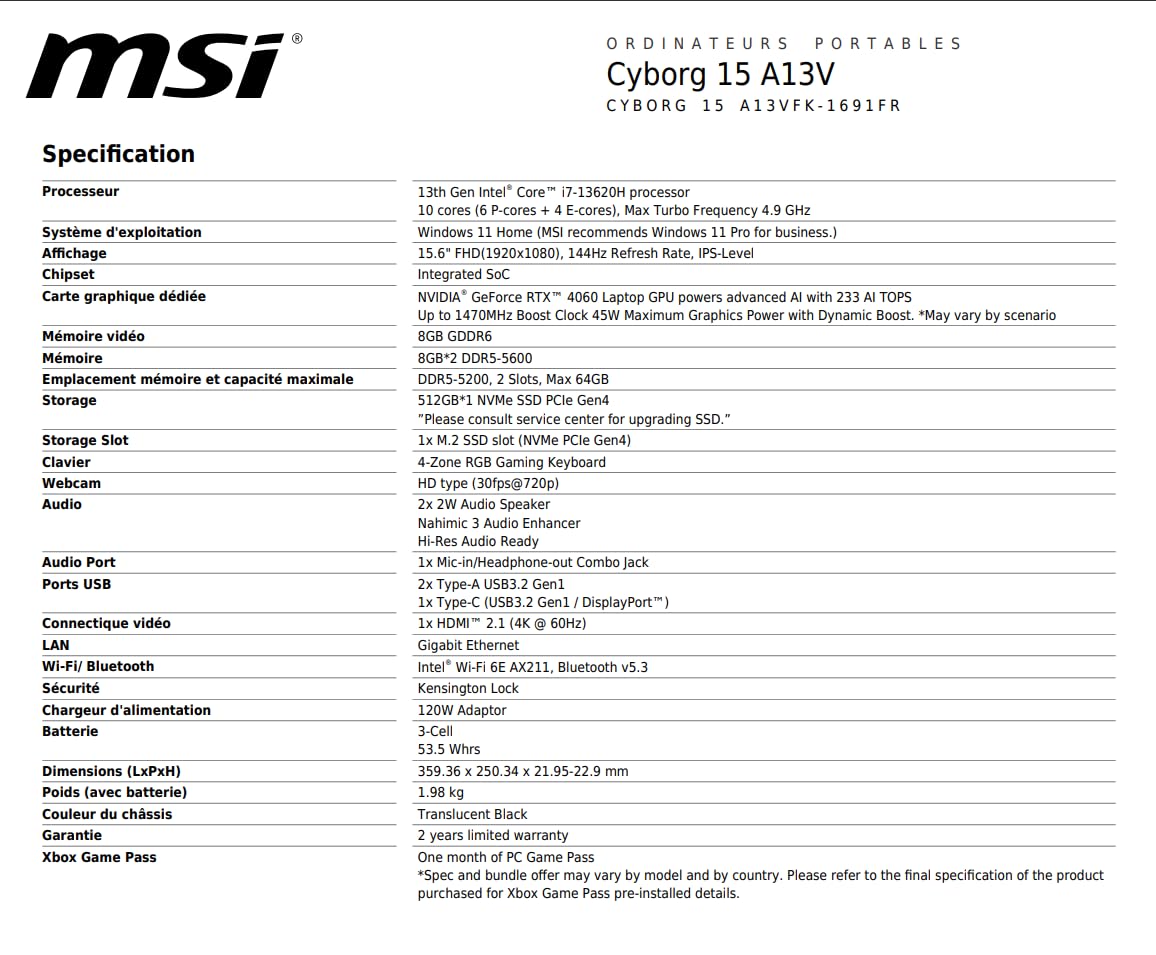 MSI Cyborg 15 A13VFK-1691FR: Intel Core i7 13620H - 16GB DDR5 - SSD 512GB - Nvidia RTX4060 8GB - 15,6' Full HD 144Hz - Windows 11 Familia