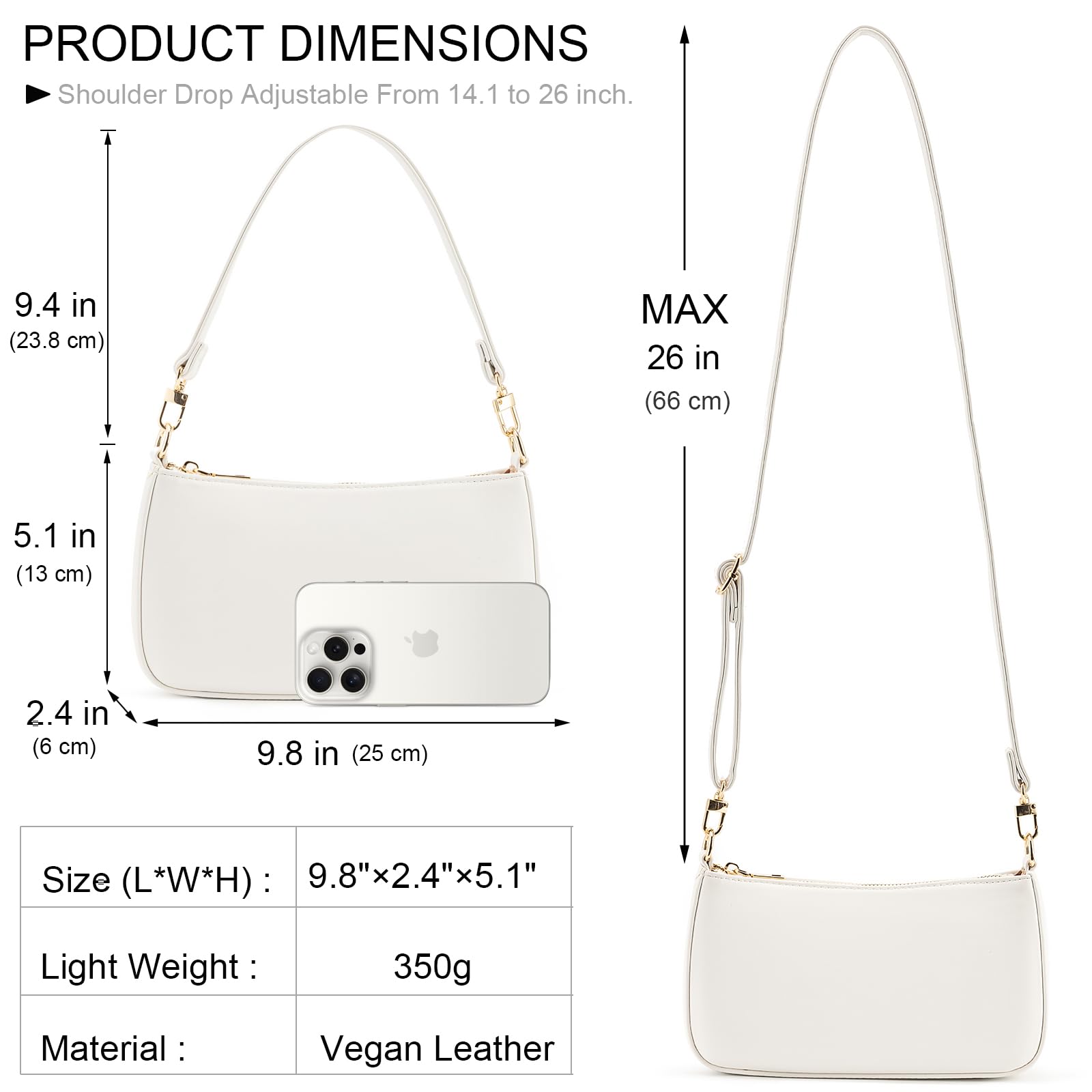 NIUEIMEE ZHOU Shoulder Bag for Women Retro Vegan Leather Classic Clutch Tote HandBags Purses with Zipper Closure: White