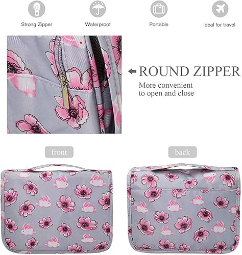 Miniatura 4 de Trawila Neceser colgante de viaje, bolsa de cosméticos, organizador de maquillaje para hombres y mujeres con gancho resistente, Gris (Grey Flower),
