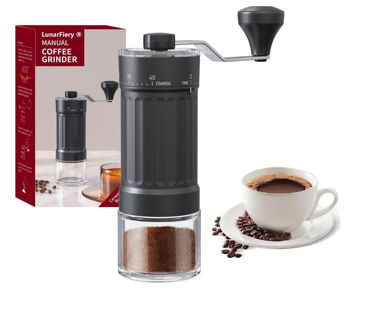 LunarFiery Conical Ceramic Burr Manual Coffee Grinder, 40 External Adjustable Grind Levels, 320g Portable Hand Crank Coffee Bean Mill for Home Camping Office, Espresso French Press Moka Pot Pour Over