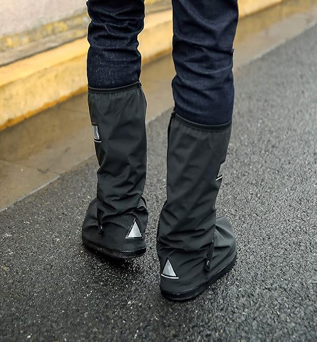 Image of Waterproof Shoe Cover Protector for Men and Women - Reusable Anti-Slip Rubber Overshoes - Tall Boot Galoshes with Safety Reflector - PVC Material, Dustproof, Foldable, Portable, and Durable for Rainy Season and Outdoor Use (1-Pair, Black)