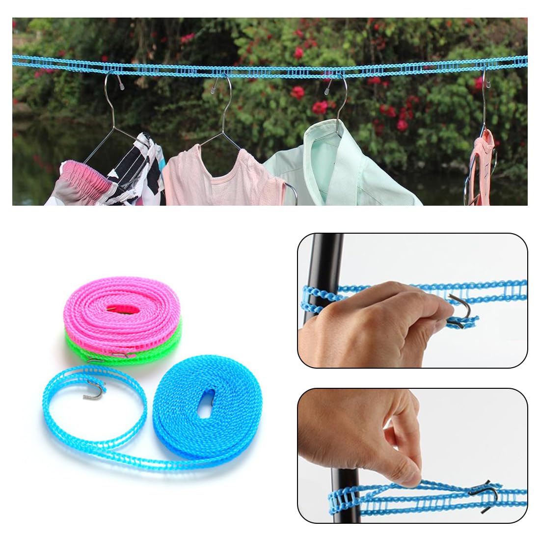 Wäscheleine 3 Stück – Je 5 M, Blau, Rosa, Grün, Winddicht, Für Camping & Zuhause