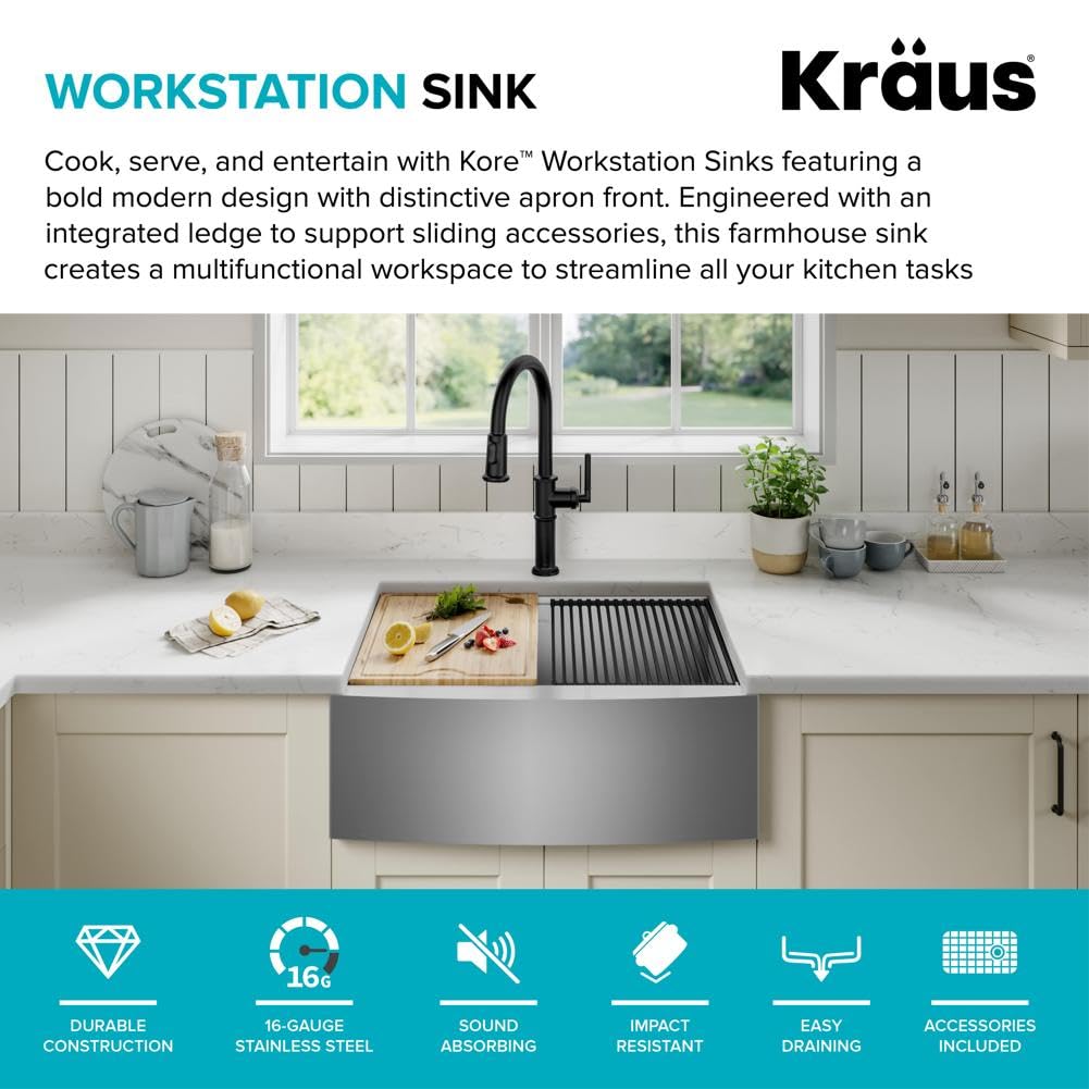 KRAUS Kore KWF210-27 Tablier de ferme en acier inoxydable de calibre 16 avec accessoires 68 cm