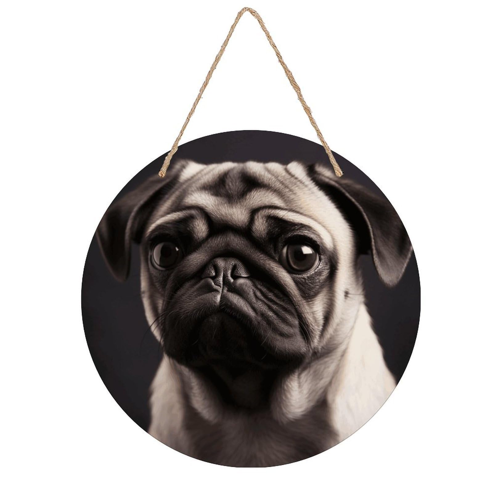 VstaDank Pug Wall Art Decor with Ropes Wooden Hanging Sign Hanging Wall Decor Artwork Round Wood Painting Modern Wall Prints Decor Picture for Office Bar Home Decors