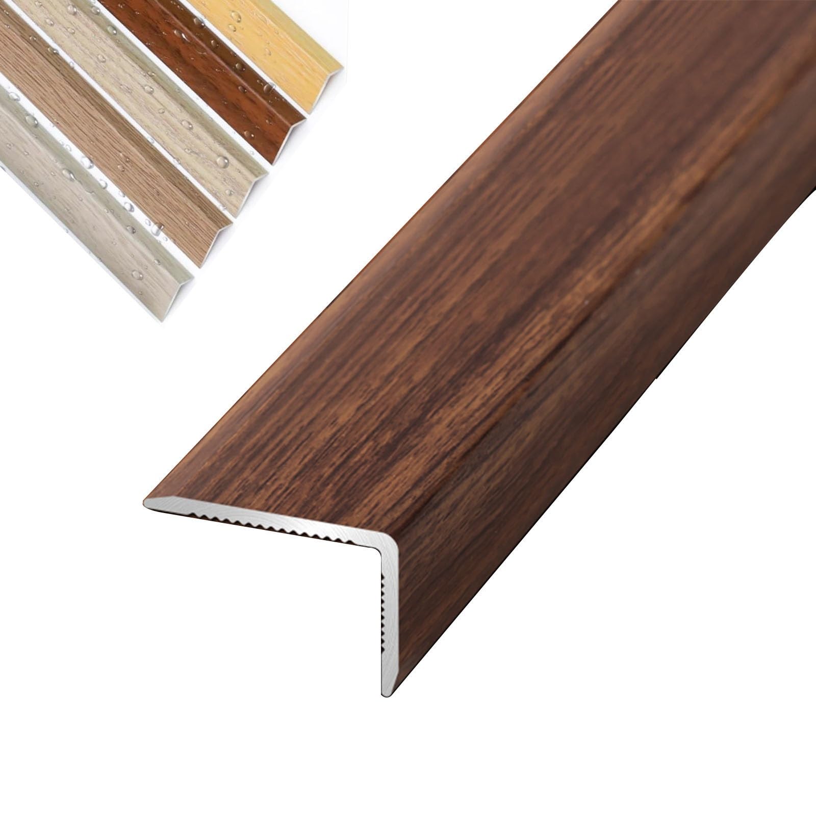 Floor Transition Strip Aluminum Stair Edge Nosing with Wood Grain，90cm L Shaped Doorway Trim, Grain Corner Wall Protector for Cabinet/Baseboard/Threshold(Indonesian Rouge,W1.5CM)