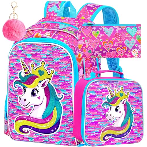 Image of 16 inch Unicorn Girls Backpack, 3Pcs Sequin Bookbag Set for Kids, Elementary Preschool Preschool School Backpacks with Lunch Box (Rose)