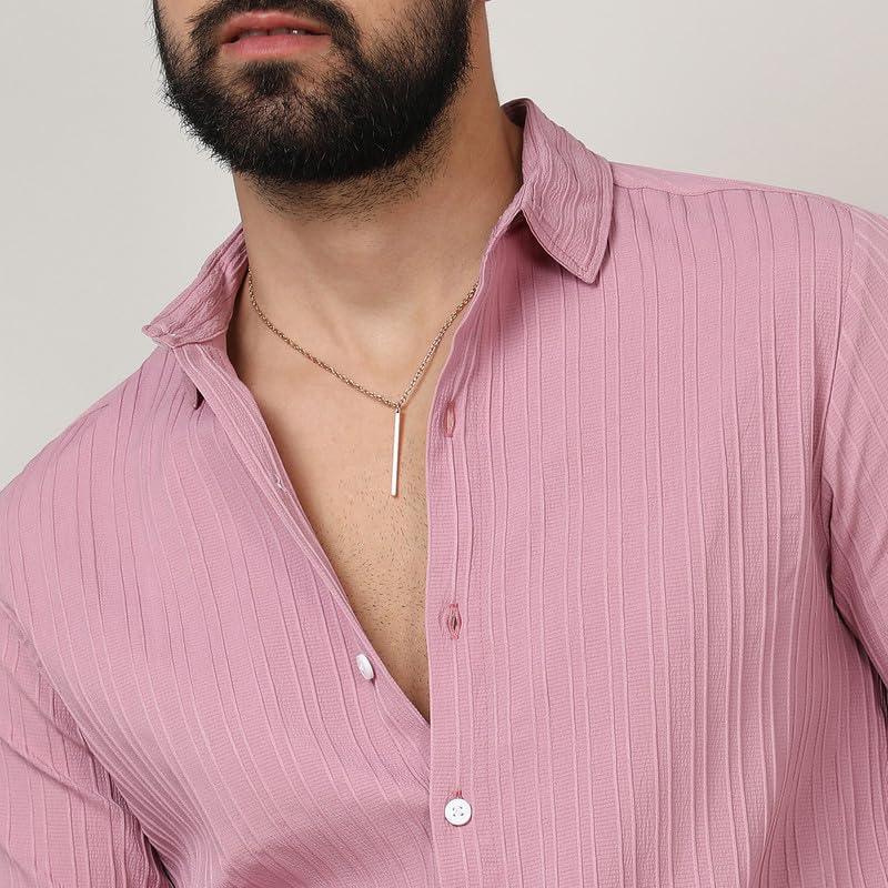 Image of CAHOOT Men's Self-Design Striped Shirt for Casual Wear | Spread Collar | Long Sleeve | Button Closure | Shirt Crafted with Comfort Fit for Everyday Wear