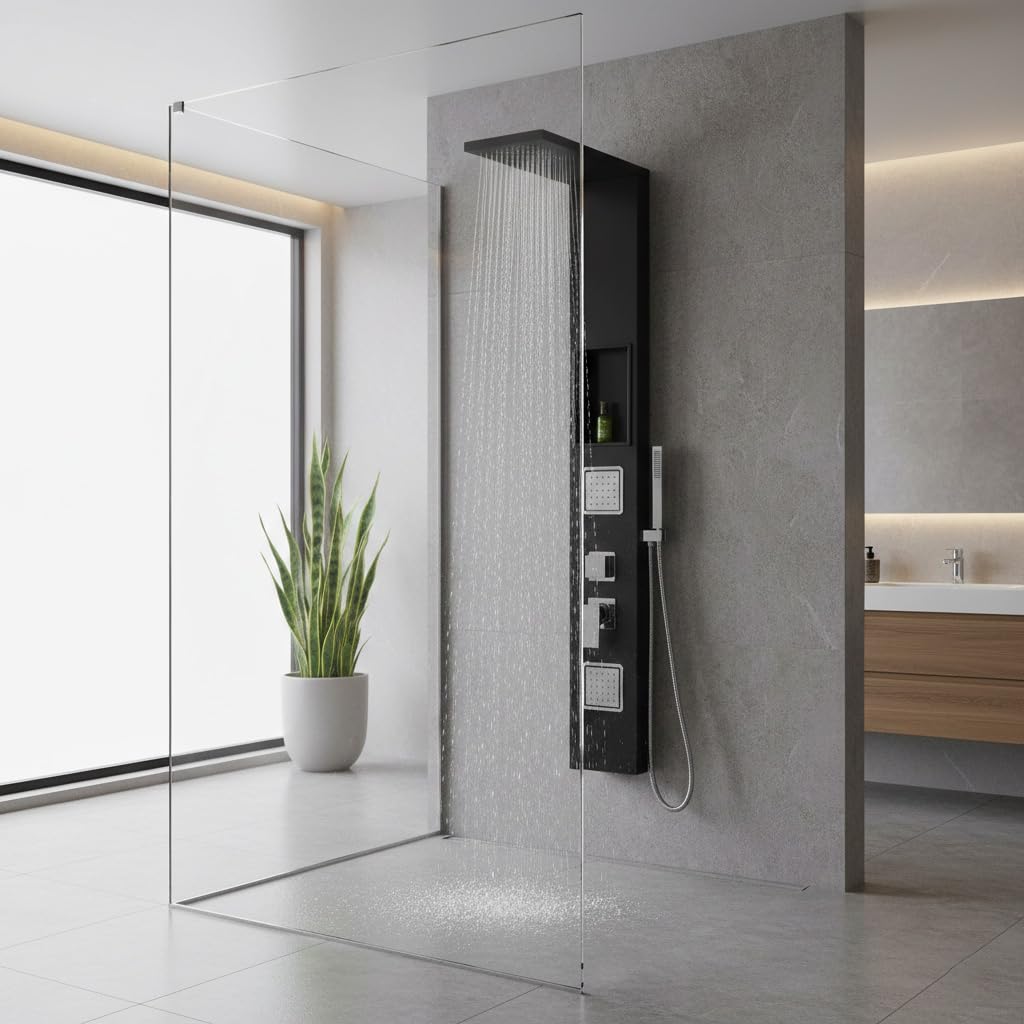 Duschpaneel Schwarz Matt mit Mischerventil inkl. integrierter Wandnische | Massagedusche paneel, Regendusche, Duschsystem mit Handbrause