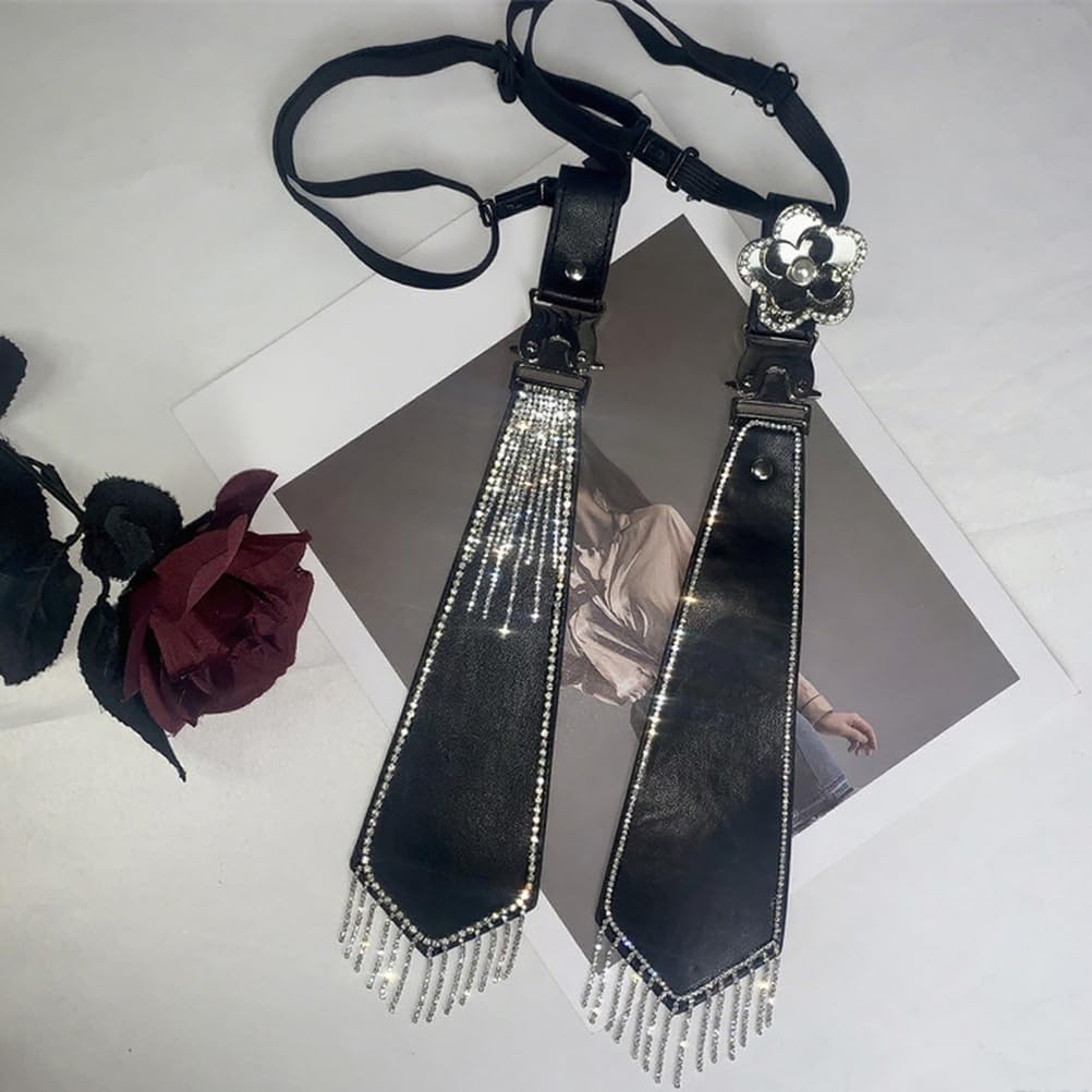 Rhinestone PU Leather Ties for Women Men Sparkly Fringed Adjustable Punk Chain Necktie for Casual Formal Party