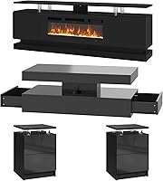 Vista 4 de Juego de Mesa Moderna de 4 Piezas para Sala de Estar, Incluye Soporte de TV para Chimenea de Alto Brillo de 70", Mesa de Centro LED y Juego de 2