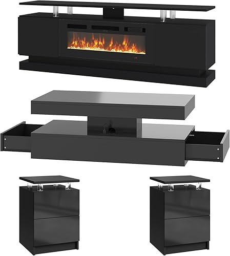 Miniatura 4 de Juego de Mesa Moderna de 4 Piezas para Sala de Estar, Incluye Soporte de TV para Chimenea de Alto Brillo de 70", Mesa de Centro LED y Juego de 2