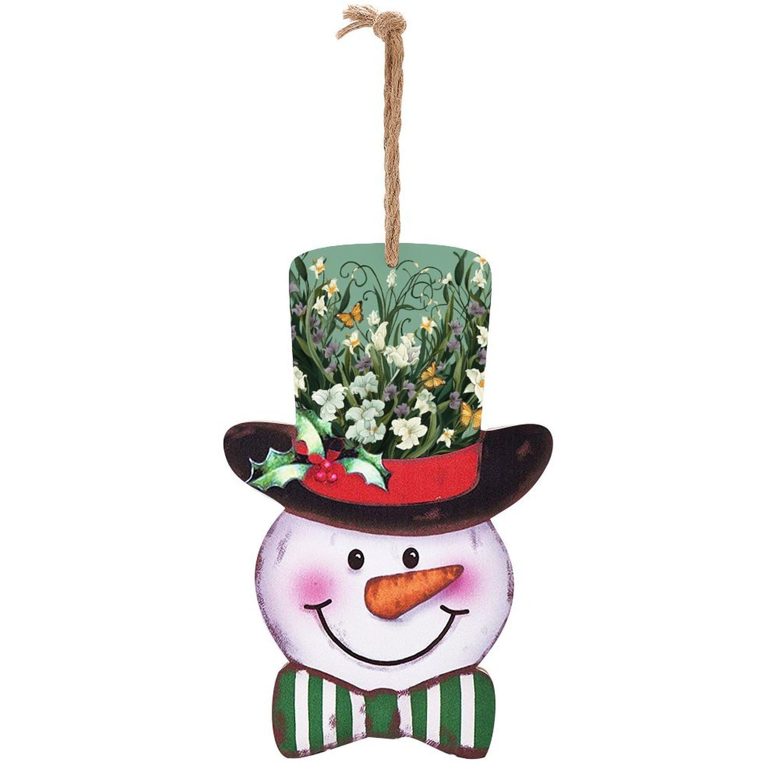 Flowers And Butterflies on Green Background Snowman Decor Christmas Snowmans Hanging Decors Wooden Exquisite Holiday Decoration Sign for Home Window Wall Farmhouse Indoor Outdoo