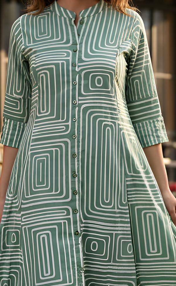 Image of Yash Gallery Women's Cotton Printed A-Line Kurta with Pant Set |Lilac Geometric Print|Mandarin Collar, Front Buttons & Short Roll-Up Sleeves|Casual & Office Ethnic Wear