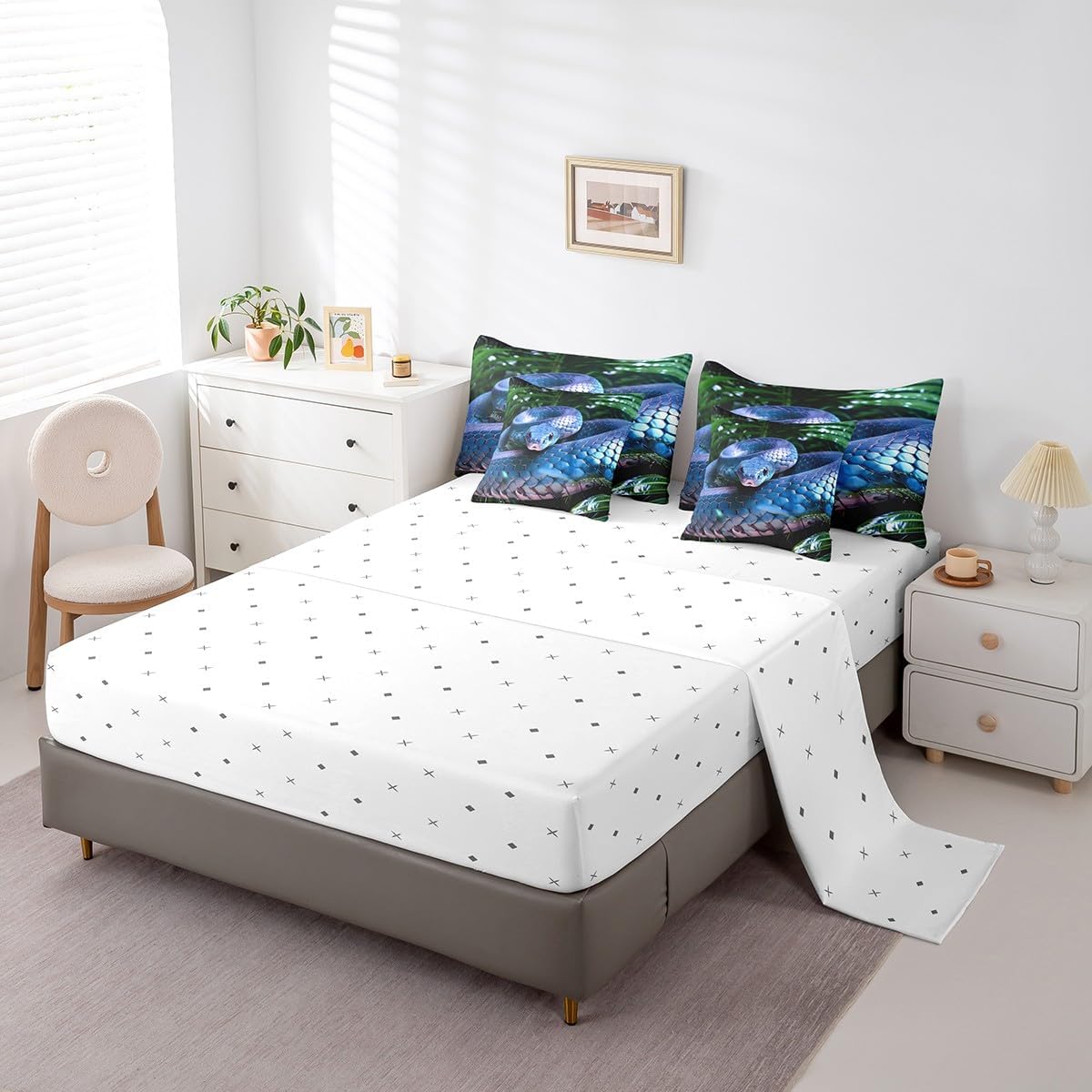 Erosebridal Snake 7 Piece Bed in a Bag Twin,Blue Snake Comforter Set for Boys Man,3D Reptile Sheet Set Tropical Bed Set,Blue Scales Quilt Set,Palm Leaf Wild Animal Wildlife Bedding Set
