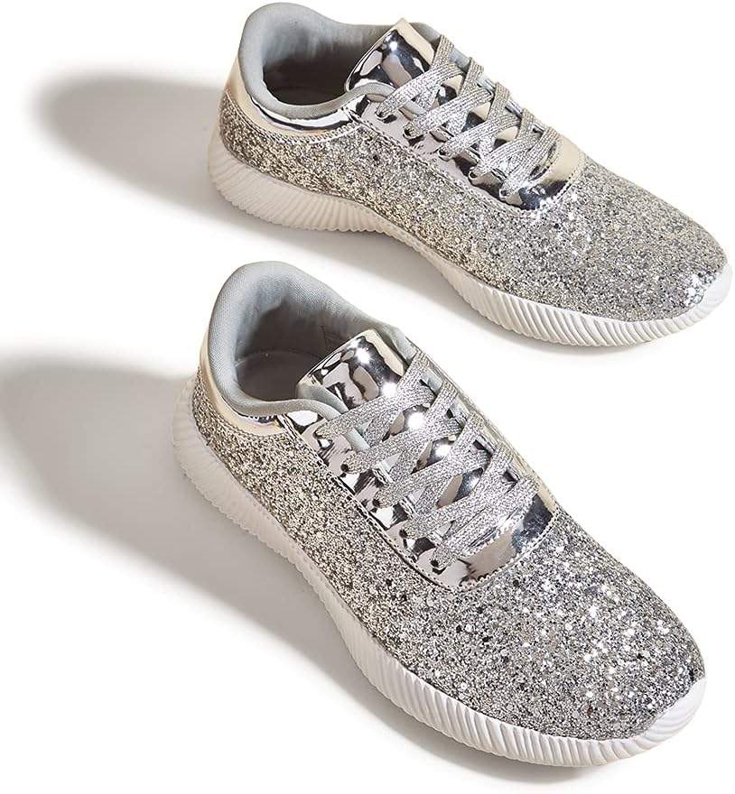Women's Glitter Shoes Sparkly Lightweight Metallic Sequins Tennis Shoes Casual Retro Braided Walking Shoes
