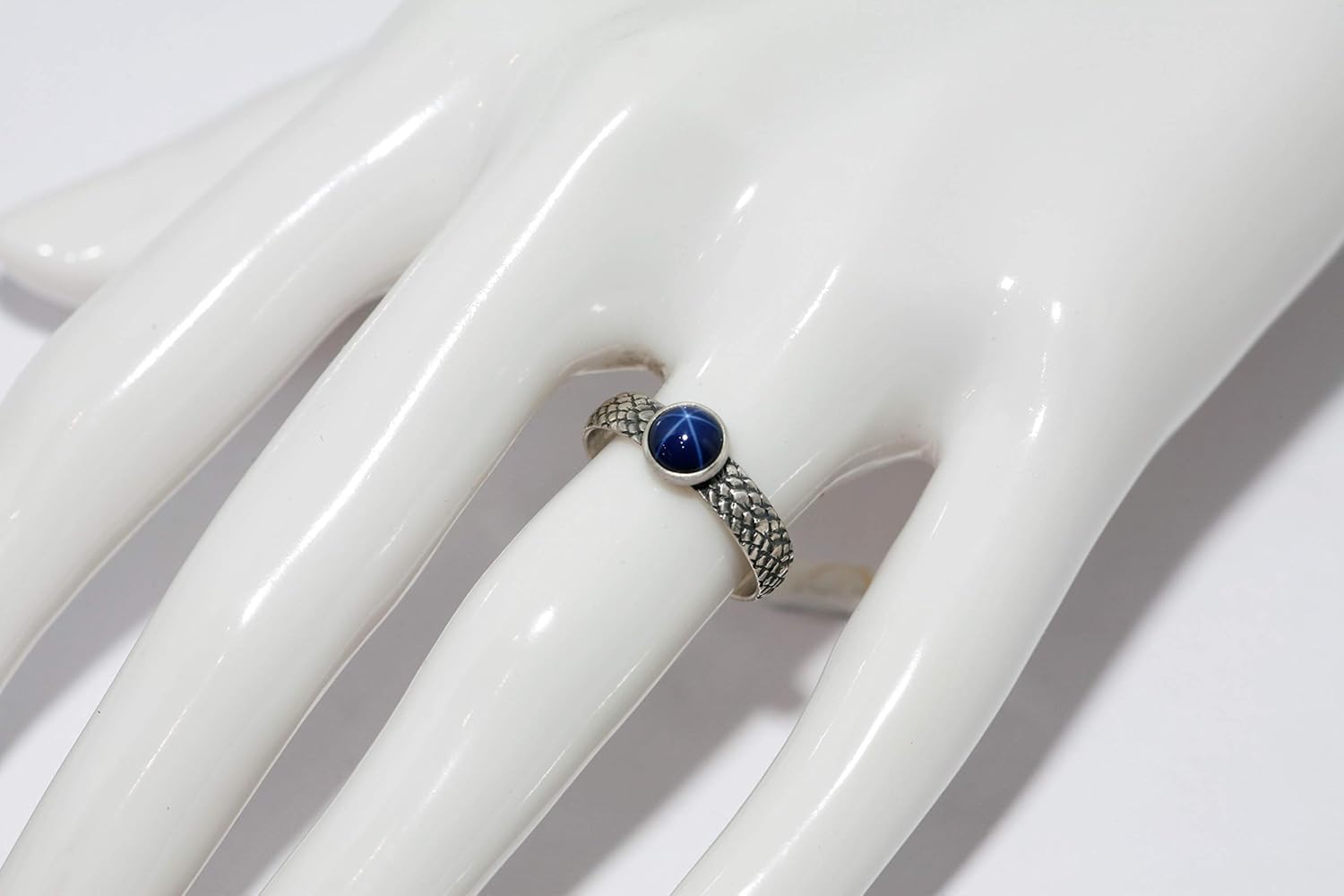 Salish Sea Inspirations Created Blue Star Sapphire Ring Dragon Scale Pattern Vintage Silver (Round Stone)