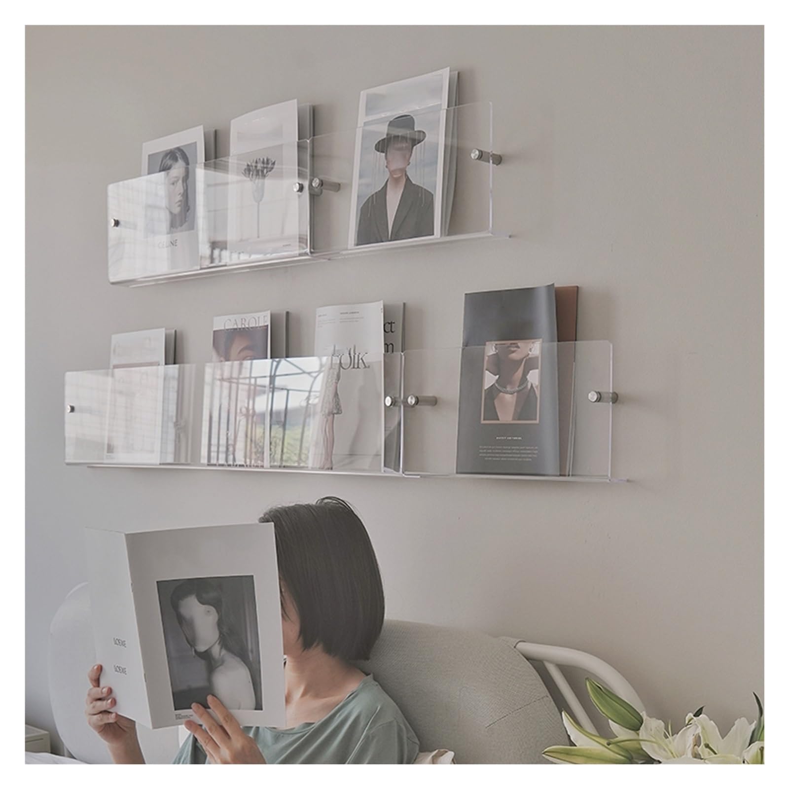 Lot de 2 Porte-brochures muraux en Acrylique - Porte-revues Transparent pour Bureau et Maison, 100 cm de Long, présentoir Suspendu pour brochures, dépliants et Livres