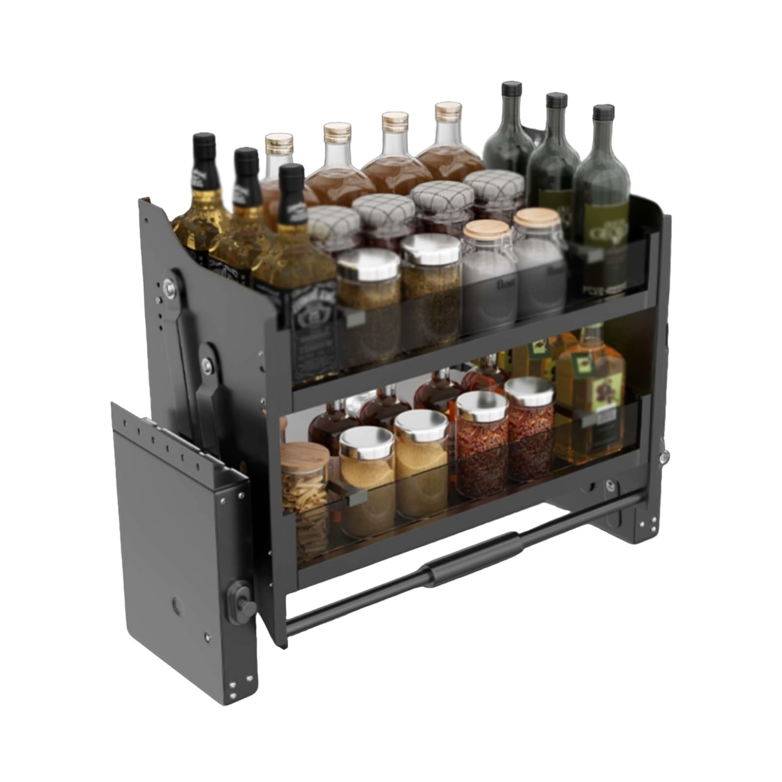 IUokLU 2 Tier Pull Down Spice Rack, Heavy Duty Sliding Storage Basket, Adjustable Shelf Organizer for Upper Kitchen Cabinets, Easy Access Kitchen Storage Solution(Black-660-690mm)