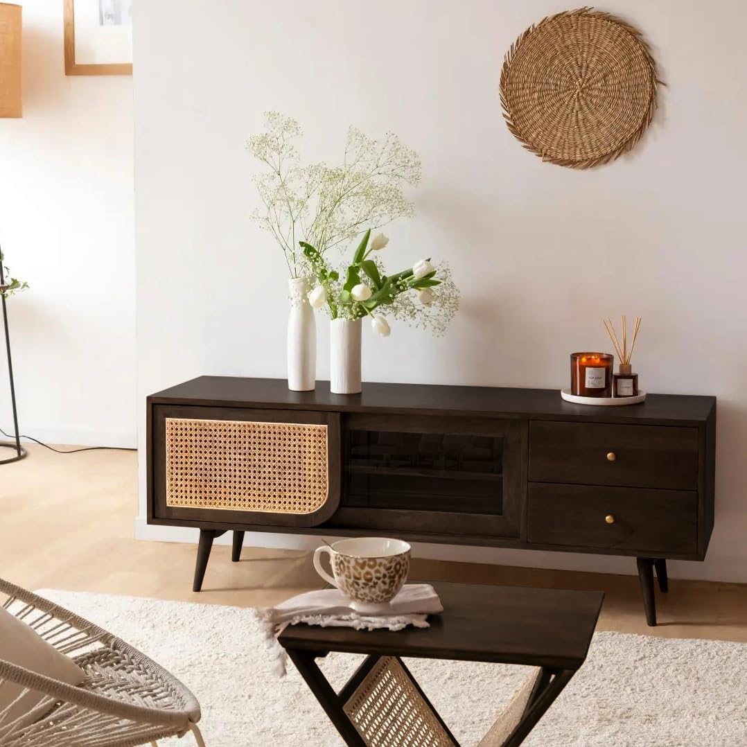 Solid Wood TV Unit with Cane Sliding Door. | Mid-Century Modern Style, Walnut Finish, 2 Drawers & Open Shelves, Fits TVs up to 55 Inches, Tapered Wooden Legs-image-9