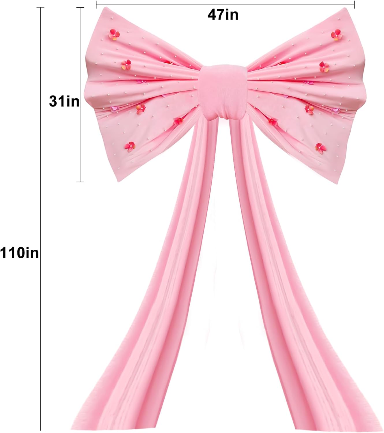 Large Bow Giant Pink Bow Decoration with Long Tails,110x47inch Giant Velvet Bows Embellished with Flowers and Pearls,Huge Decorative Bows,Bows for Wall Decor,Various Background Decorations.