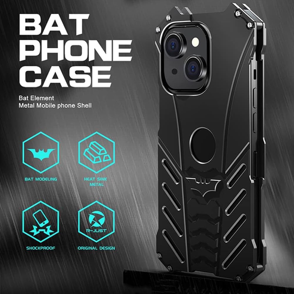 Luxury Cool Bat Style Tough Metal Case for iPhone 15 (6.1 inch), Anti-Fall Shockproof Aluminum Alloy Bumper Protective Skin Scratchproof Frame Plate Back Cover Black