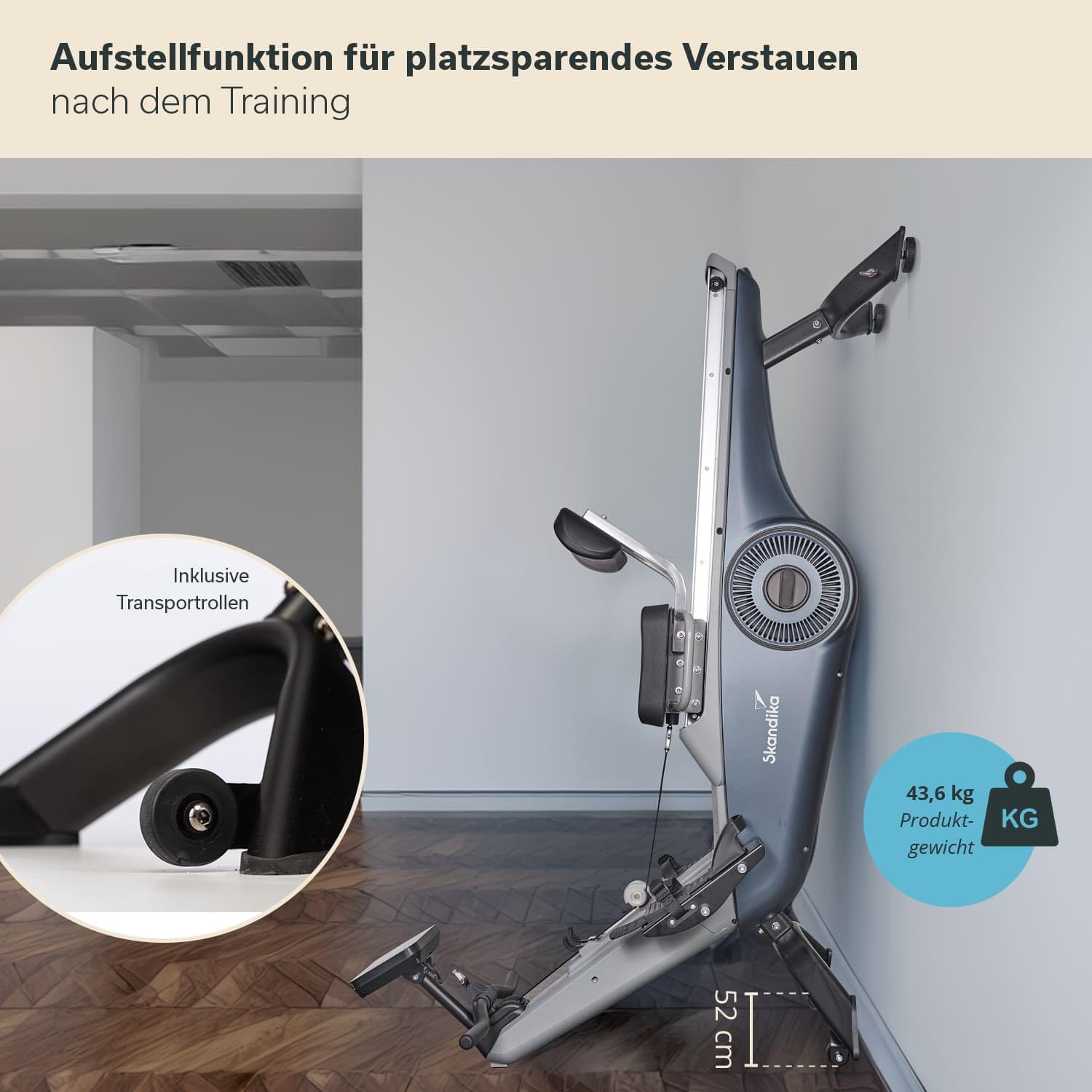 Skandika Rudergerät für Zuhause Freki, 24 Widerstandsstufen,19 Trainingsprogramme, 12kg Schwungmasse, Magnetwiderstand, Studio-Qualität, LCD-Display, Kinomap, aufstellbar, wartungsarm Bis 135kg