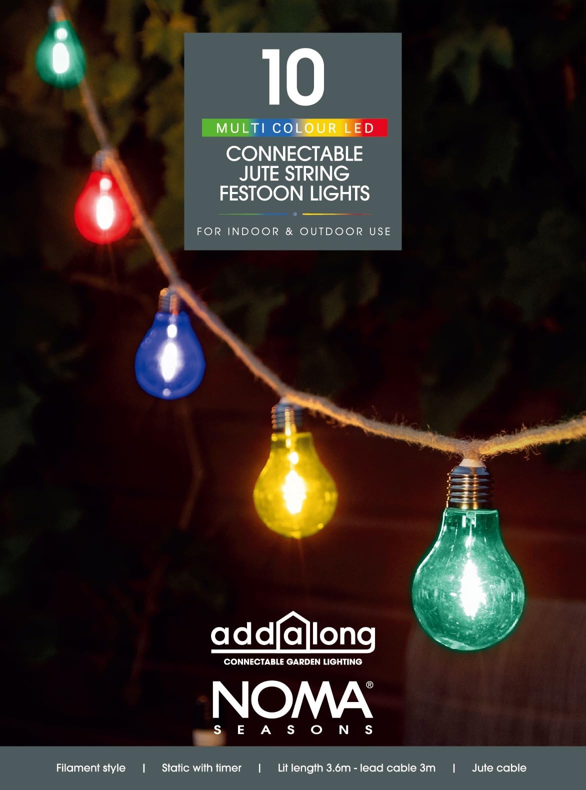 Noma Connectable Jute Rope Festoon Garden Lights, 10 Multicolour LED's, 6.8 m