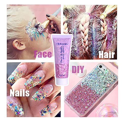 Face Glitter Gel,Body Glitter Gel,Chunky Glitter For Face Body Hair Nails Eyeshadow Holographic Cosmetic,Festival Glitter Makeup,50Ml (#06 White + #02 Gold) #TOP6
