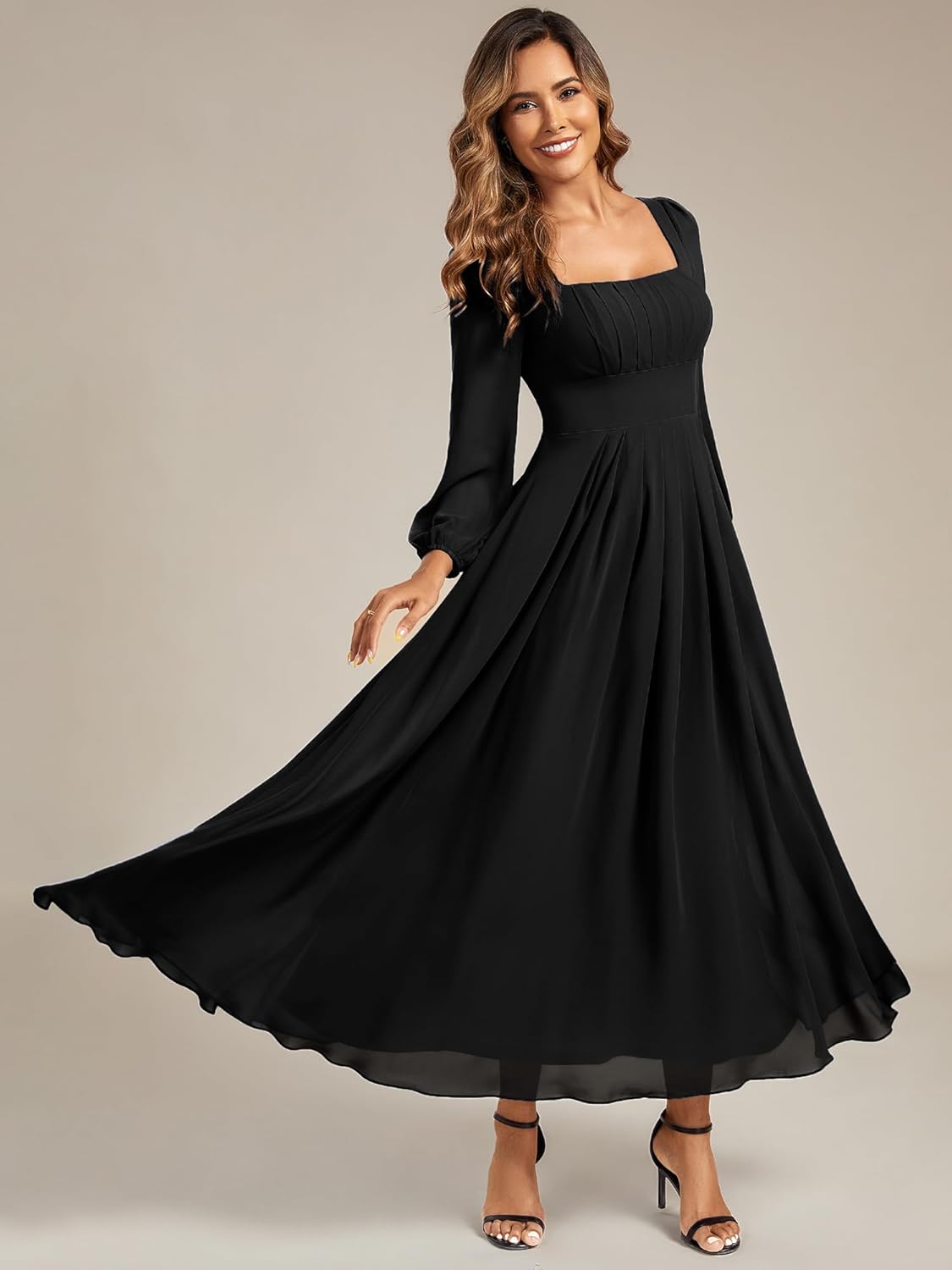 Ever-Pretty Women's Fall Winter Semi Formal Wedding Guest Dress Square Neck Long Sleeve Chiffon Maxi Bridesmaid Dresses 2522 - Image 4