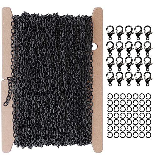 THREENEST 32-Feet 2.4mm Cable Chains with 20 Lobster Clasps+50 Jump Rings, Links Craft Chain Findings for Necklace Bracelet Earring Decor Jewelry Making (Black 2059-B)