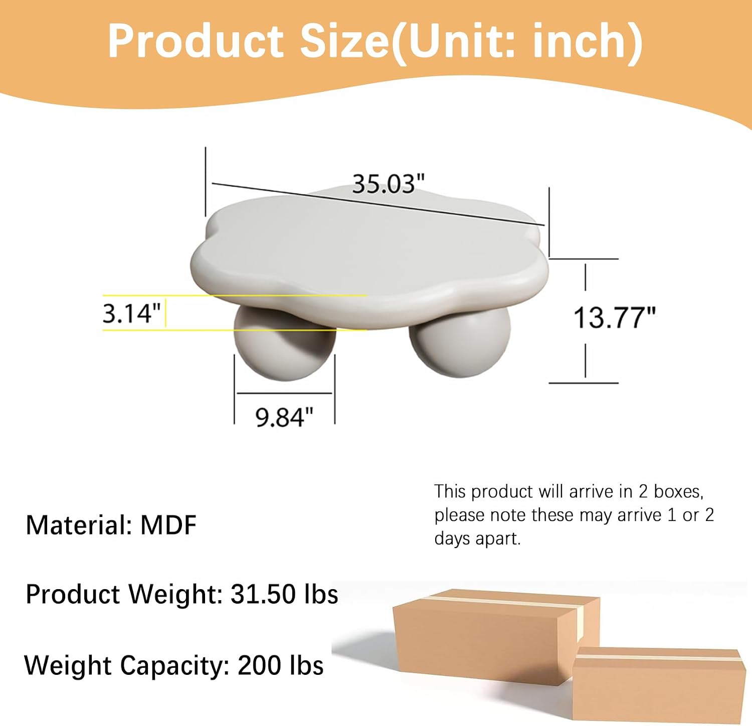 35" Cloud Coffee Table, Petal-Shaped Modern Minimalist Coffee Table with Spherical Legs, Unique Center Table for Living Room, Balcony, for New Home, Easy Assembly, White