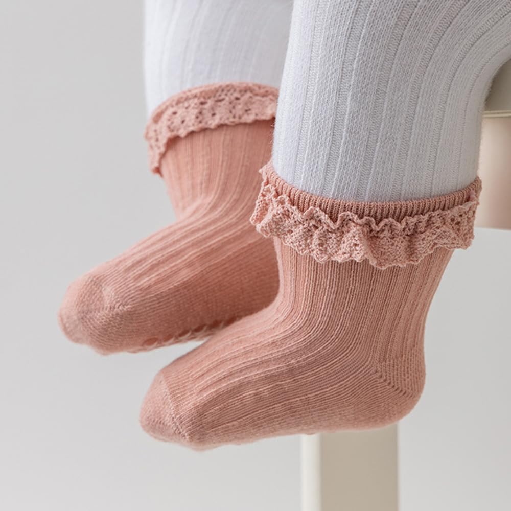 DRESHOW BQUBO Baby Girls Toddler Anti Slip Socks - Cute Frilly Ruffle Grip Ankle Socks for Infant Toddler