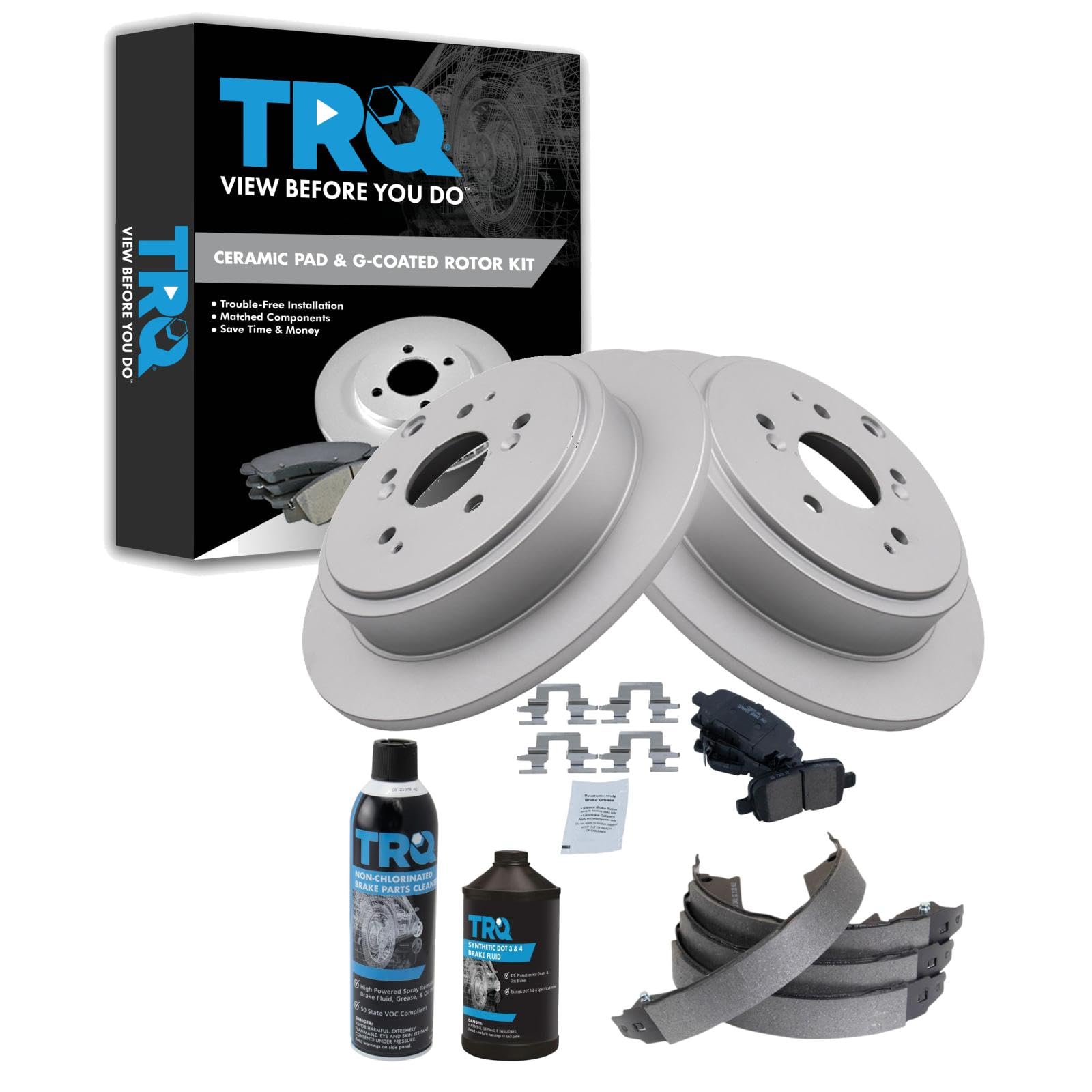 TRQ Rear Brake Pad &amp; Rotor Kit, with Chemical Kit Parking Brake Shoe Set Ceramic Premium G-Coated Compatible with 2003-2008 Honda Pilot