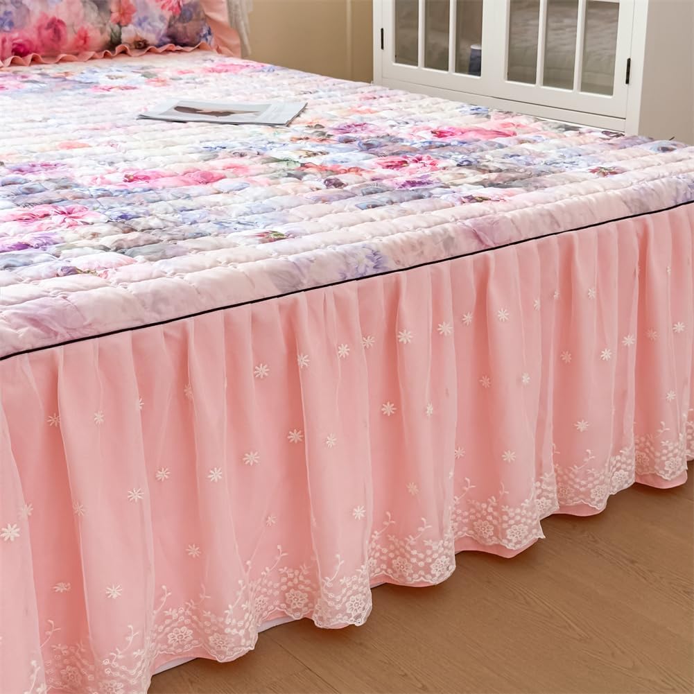 Plaid Quilted Floral Print Ruffle Bedspread with 2 Layers Lace Skirt, Queen