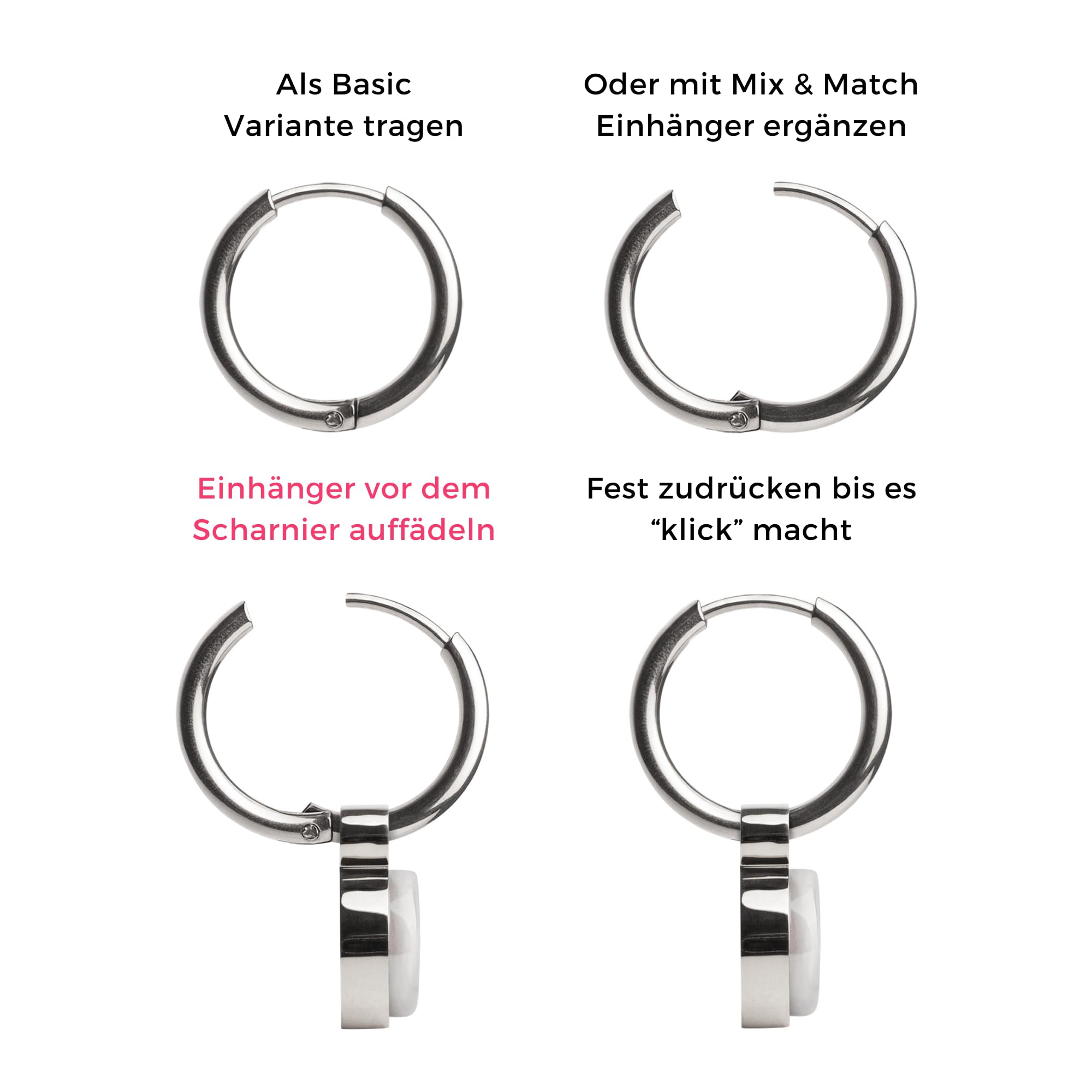 Silber Ohrringe Creolen mit Anhänger zum Wechseln • Edelstahl Ohrhänger mit Charm in schwarz • nickelfrei & wasserfest • MIX AND MATCH • Ø 16 mm