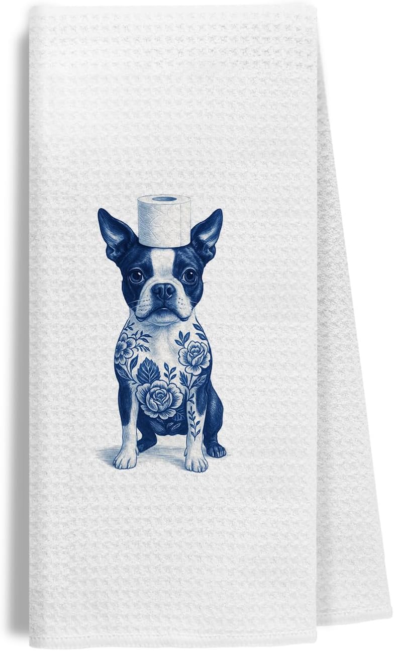 Funny Chinoiserie Boston Terrier Bathroom Hand Towels, Boston Terrier Gifts, Grandmillennial Floral Dog Decorative Hand Towel for Bathroom Restroom Washroom, 16x24 Inch