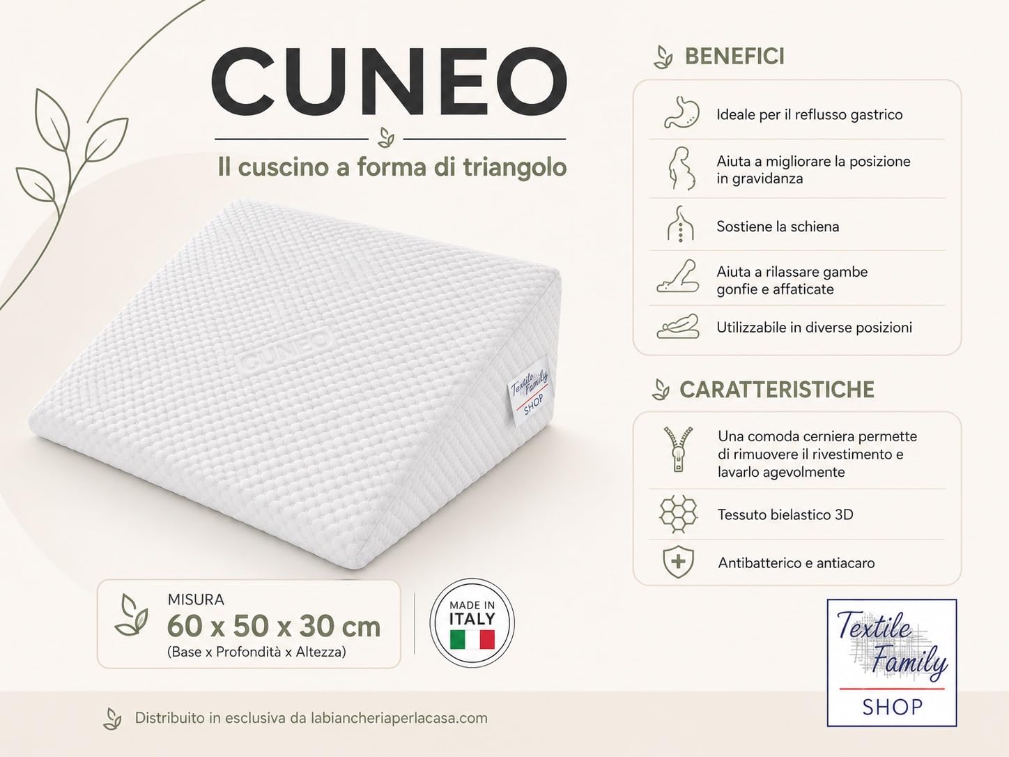 tex family Cojín Triangular de cuña para piernas y Embarazo con Reflejo gastrrico para Cama y sofá, Soporte Lumbar y Espalda