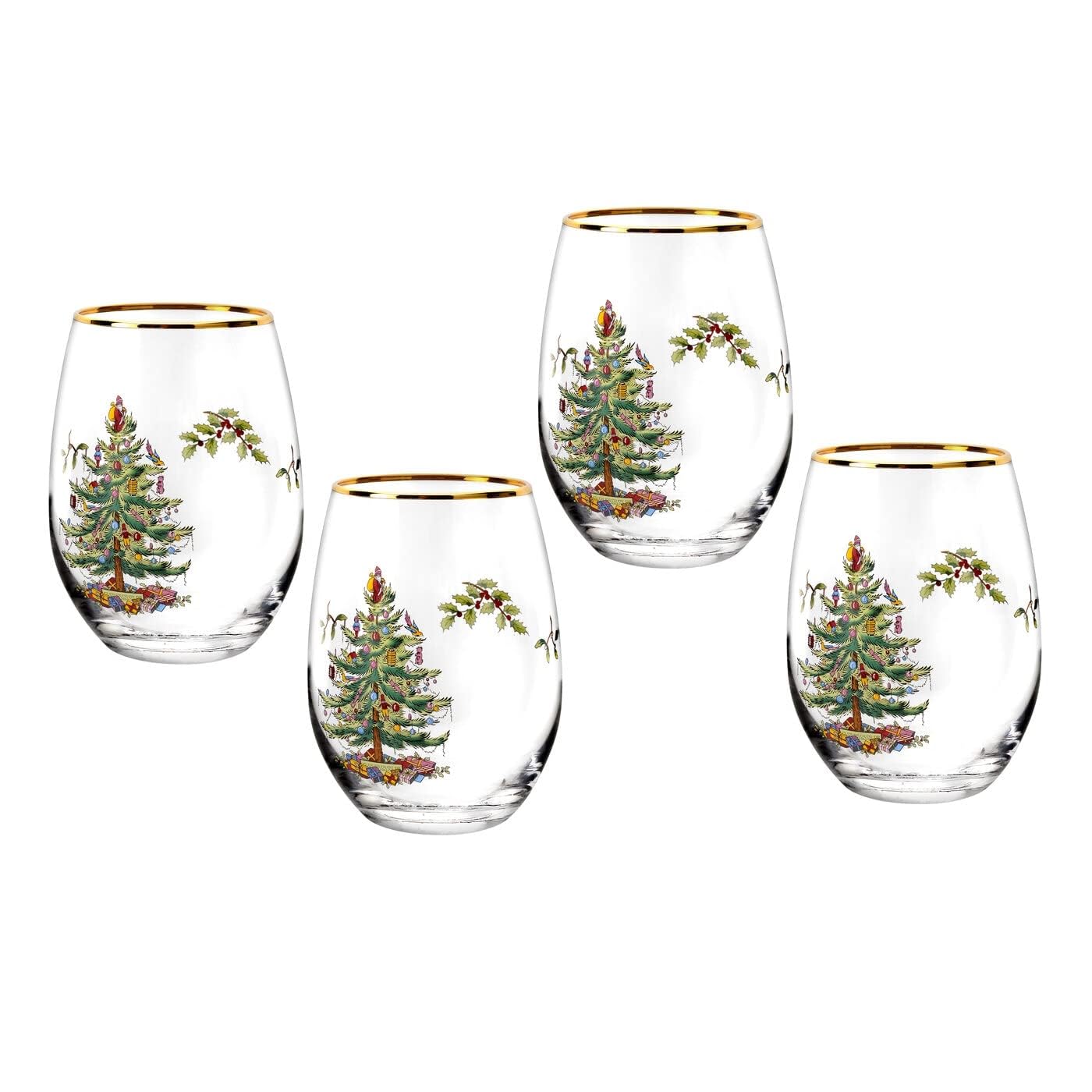 SpodeChristmas Tree 19oz Stemless Wine Glasses, Set of 4 - Vintage-Inspired Holiday Drinkware with Cozy Seasonal Charm, Ideal for Mulled Wine at Festive Gatherings & Holiday Entertaining