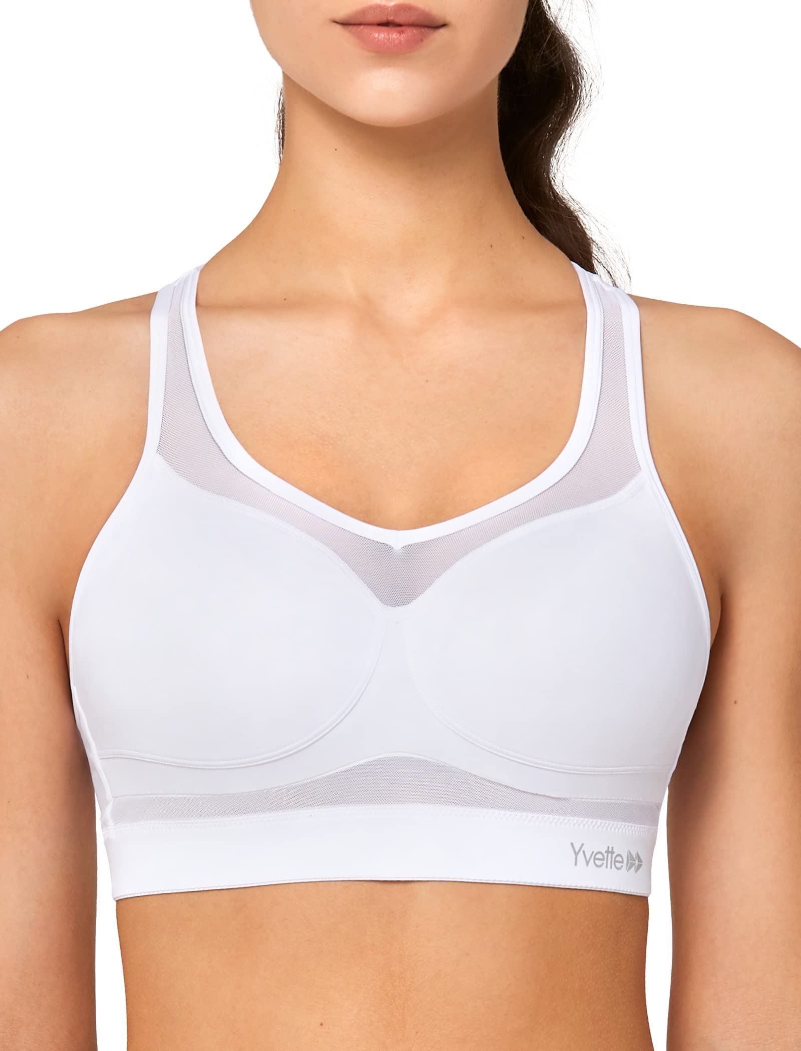 Yvette Sport BH Starker Halt Mesh Ringerrücken Große Brüste Ohne Bügel Gepolstert für Fitness Lauf Yoga,Weiß,XXL