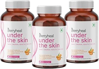 Under The Skin L-Glutathione (250mg), Hyaluronic Acid, Vitamin C, Sea Buckthorn (Omega 3679) Vegan Skin Supplement for Glow, Hydration, Collagen Booster & Anti-Ageing | 90 Capsules for Women