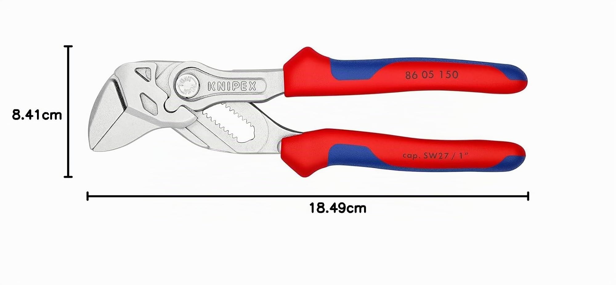 KNIPEX Tenaza llave alicate y llave en una sola herramienta con cartulinas autoservicio cromado con mangos multicomponente 150 mm, 86 05 150 SB