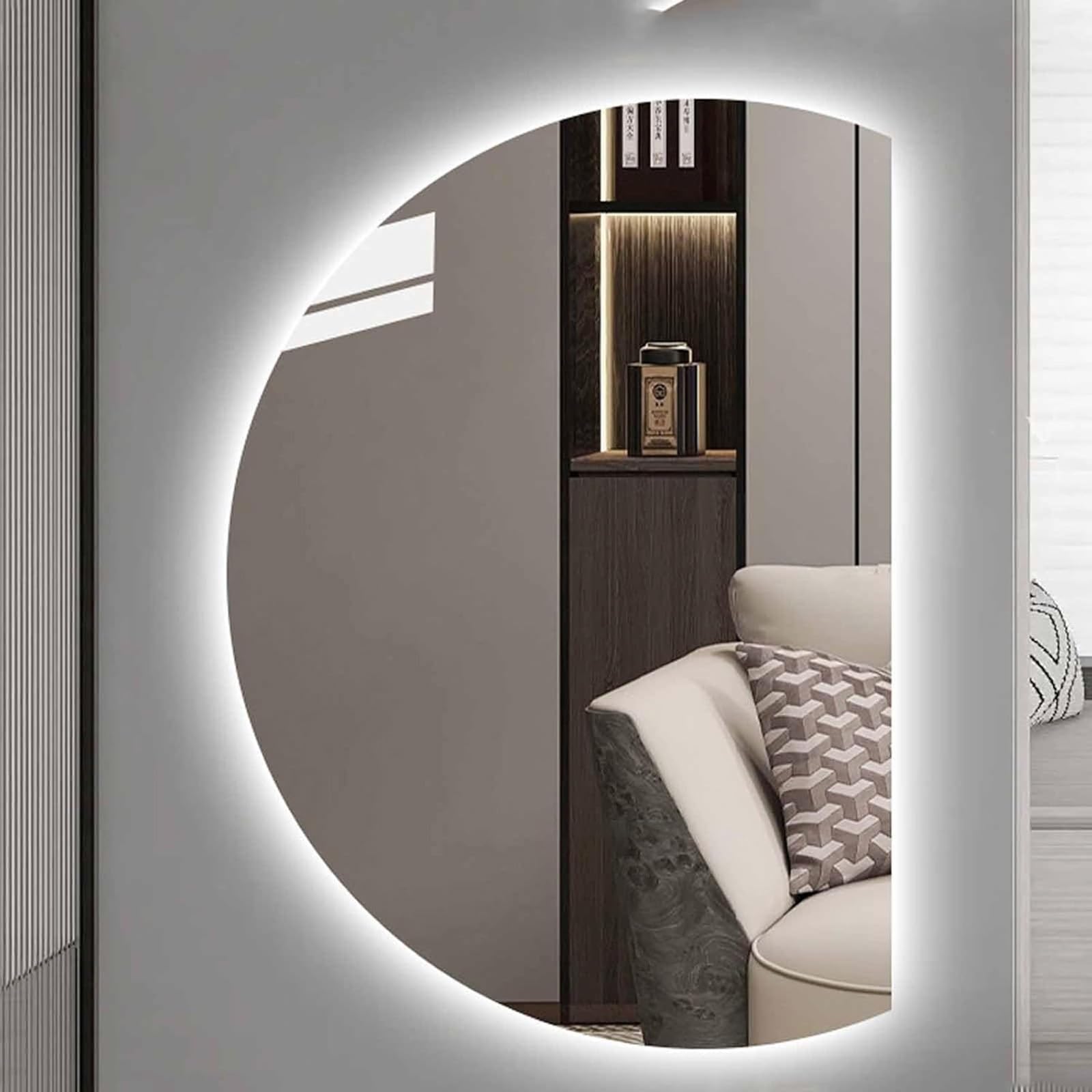 SXFSDOU 47"× 32" Half Moon LED Mirror for Bathroom Makeup Dimmable 3-Color Lights Backlit Frameless 39"x 28" Shatter Proof Decorative Wall Mirror(Right Cut,100x70cm/39x28in)