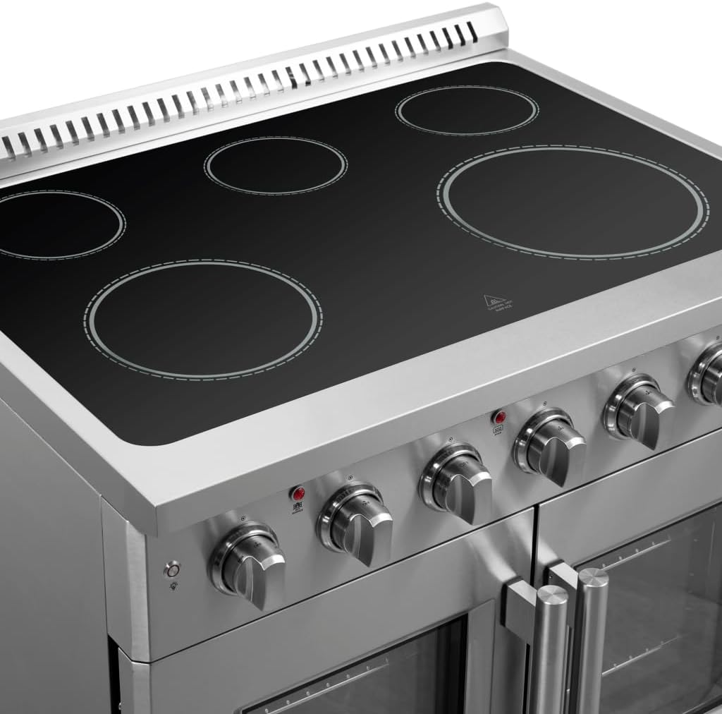 Forno Galiano Full Electric 36" Inch. French Door Freestanding Range with 5 Radiant Elements Ceramic Glass Cooktop - 5.36 Cu.Ft. Stainless Steel Convection Oven with Air Fryer Kit