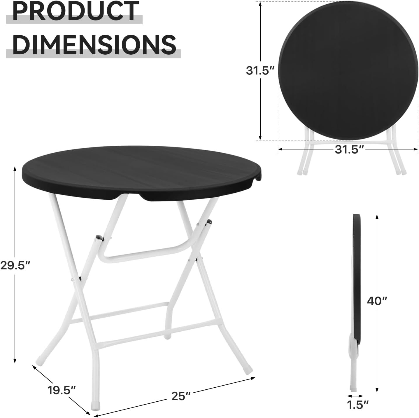 2.6Ft Round Foldable Table Portable Plastic Table for Banquet Even Indoor Outdoor, Black - No Assembly