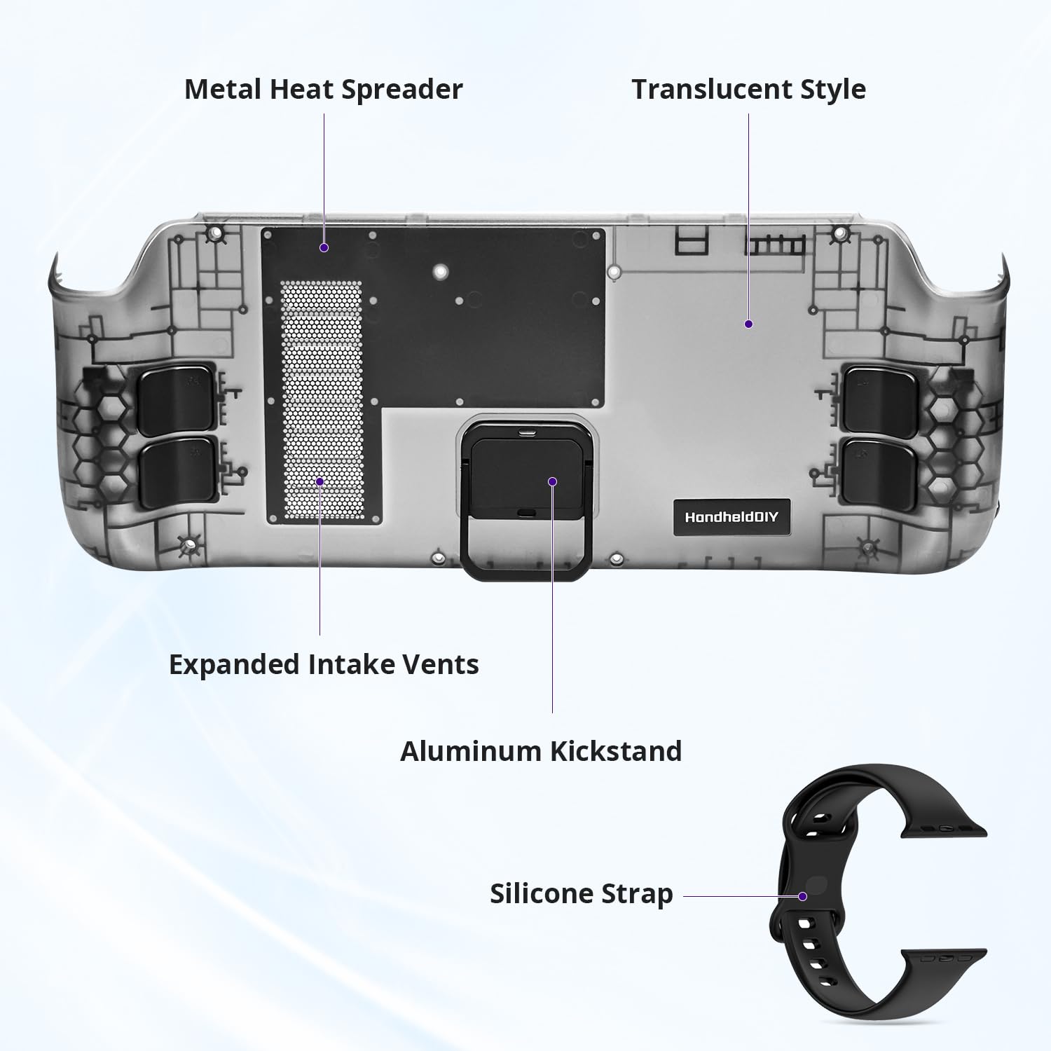 Modcase de refrigeración para Steam Deck LCD/OLED, accesorios de placa trasera translúcida con soporte plegable, carcasa de gestión del calor, fácil instalación con herramientas (negro)